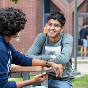 two, students, talking, new friends