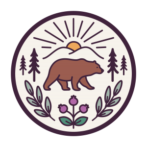 Graphic featuring elements of the Syilx Okanagan landscape (mountains, sun, ponderosa pines, syia berries), a grizzly bear to symbolize Kelowna and sage to illustrate wisdom from elders.