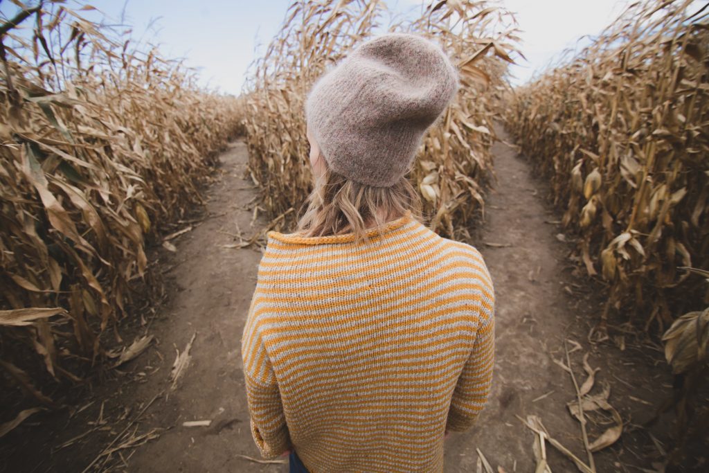 Person with blonde hair and a toque deciding between two paths in a corn field 