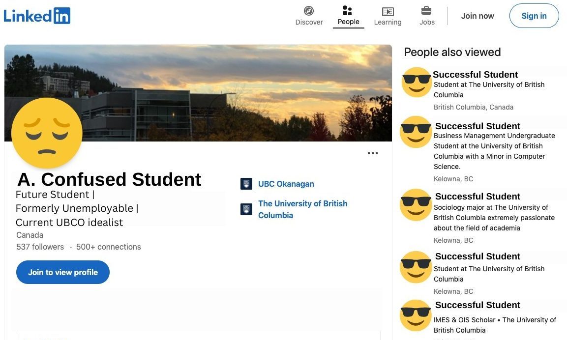 LinkedIn profile of a confused students